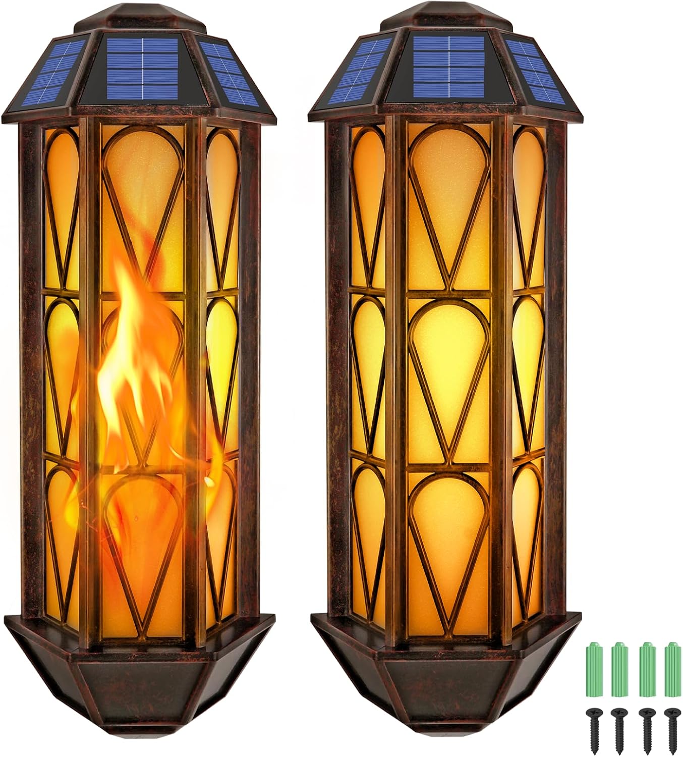 Lampy solarne do ogrodu, wiszące, 2 sztuki, solarne lampy ścienne zewnętrzne ze światłem płomieniowym